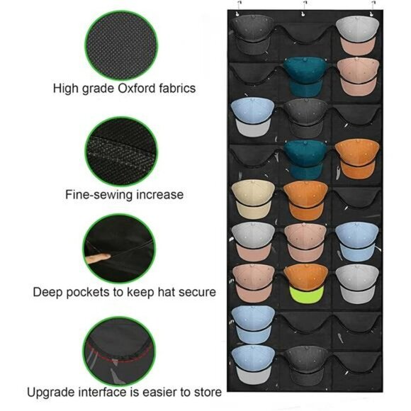 Hanging Hat Rack Organizer 27 Pocket Over Door Holder for Baseball Caps Black - Picture 4 of 8